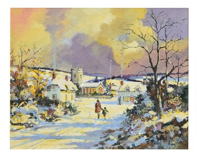 Lot 602 - Alan King (1946-2013) - Oil on board - 'Winter Stroll', Northwood, Devon