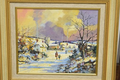 Lot 602 - Alan King (1946-2013) - Oil on board - 'Winter Stroll', Northwood, Devon