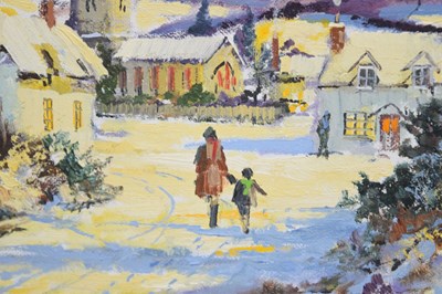 Lot 602 - Alan King (1946-2013) - Oil on board - 'Winter Stroll', Northwood, Devon