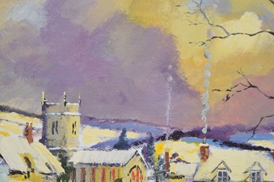 Lot 602 - Alan King (1946-2013) - Oil on board - 'Winter Stroll', Northwood, Devon