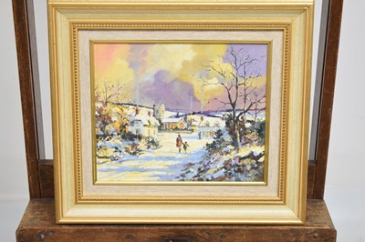 Lot 602 - Alan King (1946-2013) - Oil on board - 'Winter Stroll', Northwood, Devon