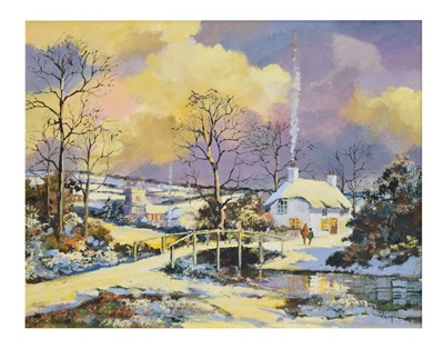 Lot 603 - Alan King (1946-2013) - Oil on board - 'Snow Bridge', Hagley, Somerset