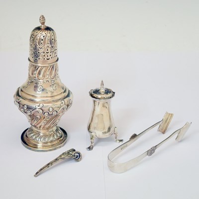 Lot 213 - Group of silver to include late Victorian silver sugar sifter, asparagus tongs, etc