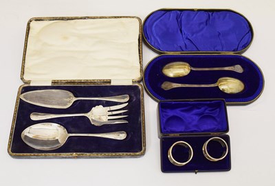 Lot 222 - Pair of Edward VII silver trefid spoons, three-piece serving set, etc