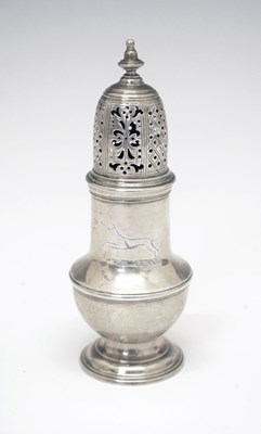 Lot 82 - George II silver vase shaped pepperette with pierced cover