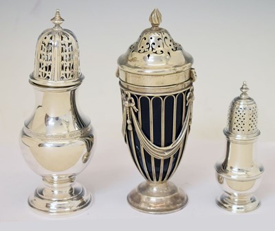 Lot 224 - George II silver pepperette, George V sugar sifter, and an Edward VII vase-shaped sifter