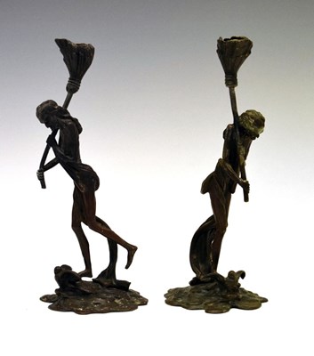 Lot 163 - Unusual pair of bronze candlesticks modelled as witches