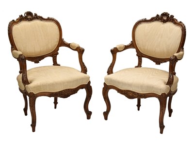 Lot 758 - Pair of upholstered open armchairs or fauteils