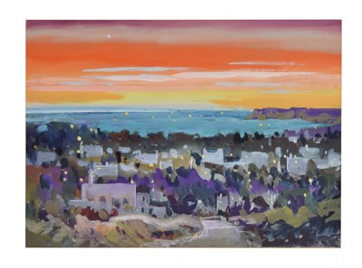 Lot 525 - Frank Archer (1927-2016) - Gouache on paper - Coastal town with view out towards the sea