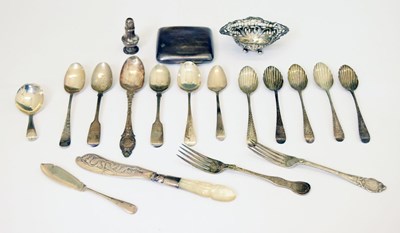 Lot 212 - Quantity of silver spoons and flatware, George V cigarette case, etc