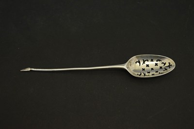Lot 249 - 18th century silver mote spoon, circa 1750, possible sponsor's mark of James Wilks