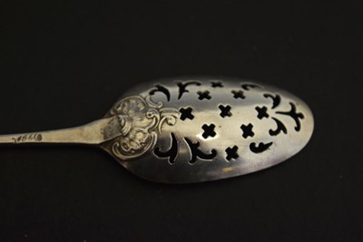 Lot 249 - 18th century silver mote spoon, circa 1750, possible sponsor's mark of James Wilks