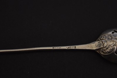 Lot 249 - 18th century silver mote spoon, circa 1750, possible sponsor's mark of James Wilks