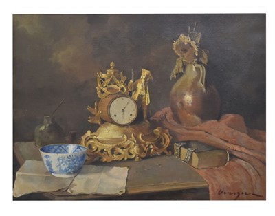 Lot 580 - Late 20th century Continental School - Oil on canvas - Still life with mantel clock