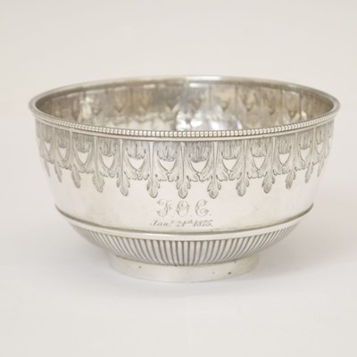 Lot 261 - Victorian silver bowl with beaded rim and engraved with acanthus leaf border