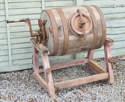 Lot 704 - French iron-bound coopered oak butter churn on stand