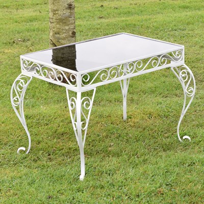 Lot 727 - White painted garden/patio occasional table with glass top