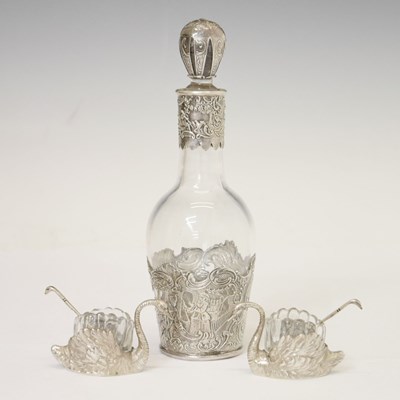 Lot 284 - Silver-mounted continental bottle, together with a pair of salts in the form of swans