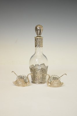 Lot 284 - Silver-mounted continental bottle, together with a pair of salts in the form of swans
