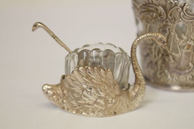 Lot 284 - Silver-mounted continental bottle, together with a pair of salts in the form of swans