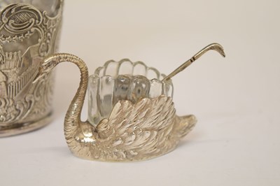 Lot 284 - Silver-mounted continental bottle, together with a pair of salts in the form of swans