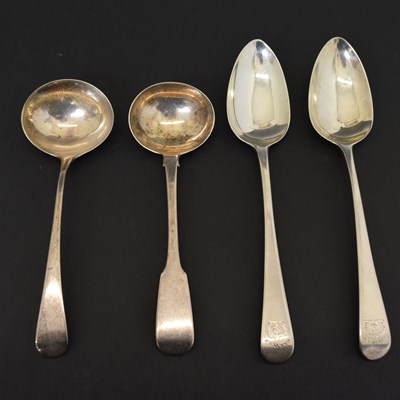 Lot 245 - Pair George III Old English pattern silver tablespoons, and sauce ladle, etc