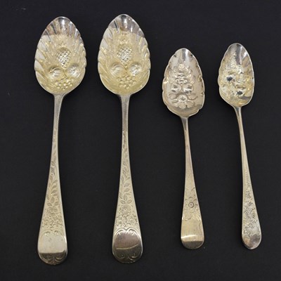 Lot 246 - Pair of George III silver Berry tablespoons, and two Berry dessert spoons