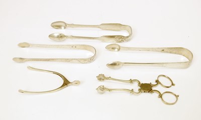 Lot 247 - Georgian silver sugar nips, Georgian and Victorian sugar tongs, etc