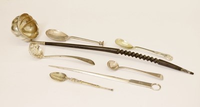 Lot 248 - Elizabeth II silver and ebony ladle, Edward VII meat skewer, Scottish mustard spoon, etc