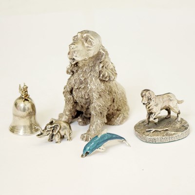 Lot 208 - Silver and enamel figure of a dolphin, two Elizabeth II dog figures, etc