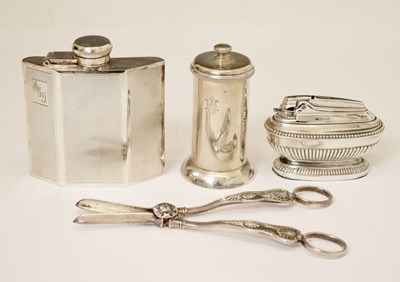 Lot 389 - Silver-plated Art Deco style hip flask, pepper mill, table lighter, etc