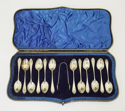 Lot 236 - Late Victorian cased set of twelve teaspoons and a pair of sugar tongs