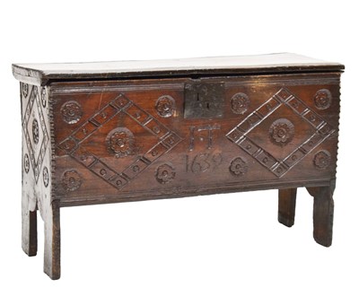 Lot 543 - Mid 17th century oak six-plank coffer or bedding chest