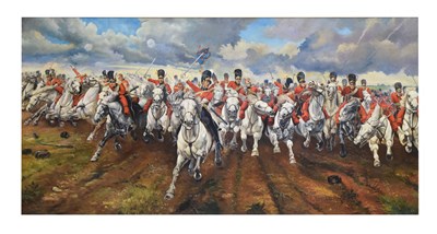 Lot 505 - David Hall, (after Lady Elizabeth Butler) - oil on canvas - 'Charge of the Royal Scots Greys at Waterloo in 1815'