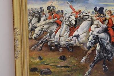 Lot 505 - David Hall, (after Lady Elizabeth Butler) - oil on canvas - 'Charge of the Royal Scots Greys at Waterloo in 1815'