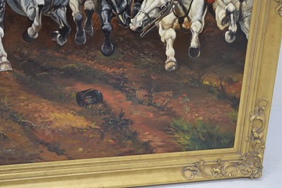 Lot 505 - David Hall, (after Lady Elizabeth Butler) - oil on canvas - 'Charge of the Royal Scots Greys at Waterloo in 1815'