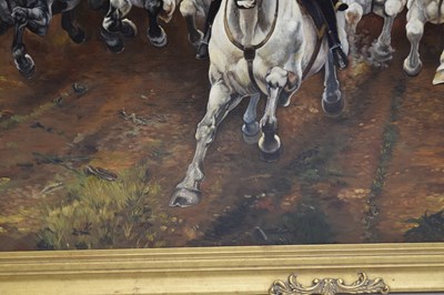 Lot 505 - David Hall, (after Lady Elizabeth Butler) - oil on canvas - 'Charge of the Royal Scots Greys at Waterloo in 1815'