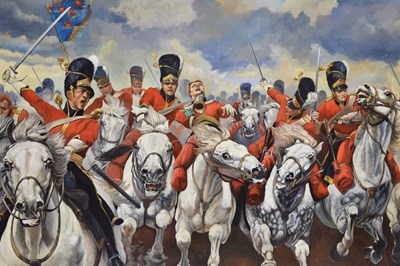 Lot 505 - David Hall, (after Lady Elizabeth Butler) - oil on canvas - 'Charge of the Royal Scots Greys at Waterloo in 1815'