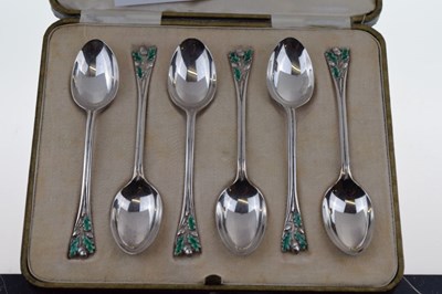 Lot 92 - Cased set of six George V silver spoons with enameled oak leaf and acorn decoration