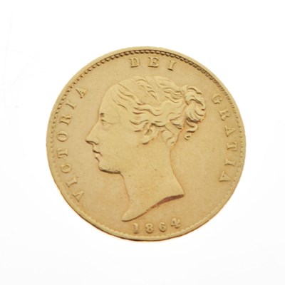 Lot 294 - Queen Victoria  Young Head/Shield Back gold half sovereign, 1864