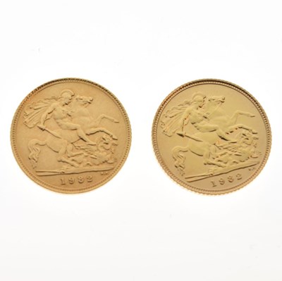 Lot 302 - Two Elizabeth II gold half sovereigns, 1982