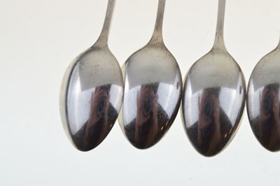 Lot 93 - Cased set of six George VI silver spoons with enameled Art Deco decoration