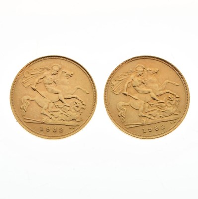 Lot 303 - Two Elizabeth II gold half sovereigns, 1982