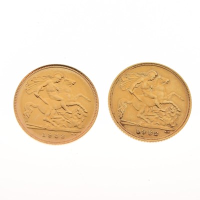 Lot 304 - Two Elizabeth II gold half sovereigns, 1982