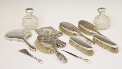 Lot 203 - Collection of silver backed dressing table items and silver mounted jars, etc