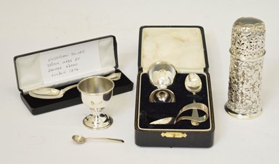 Lot 202 - Victorian silver sugar caster with repousse decoration, Christening sets, etc