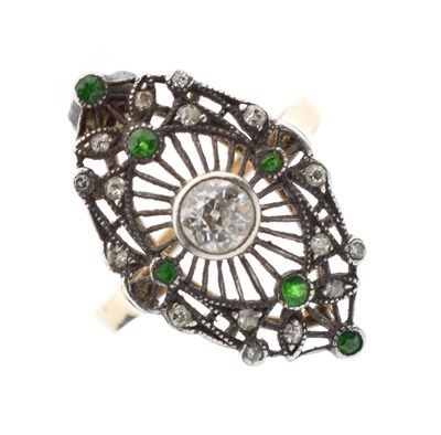 Lot 13 - Art Deco diamond and green stone marquise-shaped cluster ring
