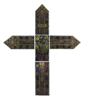 Lot 238 - Monumental Ecclesiastical stained and painted leaded glass six-panel Crucifixion window