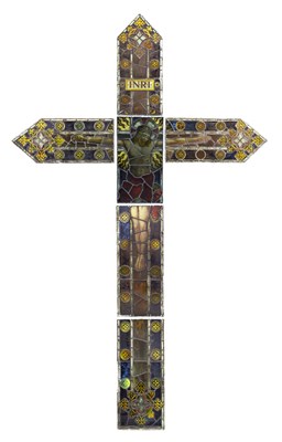 Lot 238 - Monumental Ecclesiastical stained and painted leaded glass six-panel Crucifixion window