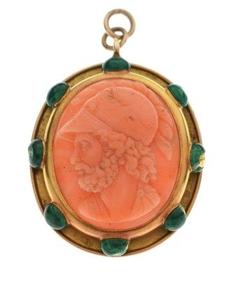 Lot 41 - 19th century coral enamelled yellow metal cameo pendant (af)